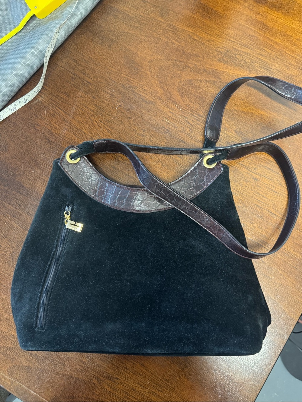 Black Suede Shoulder Bag with Brown Trim